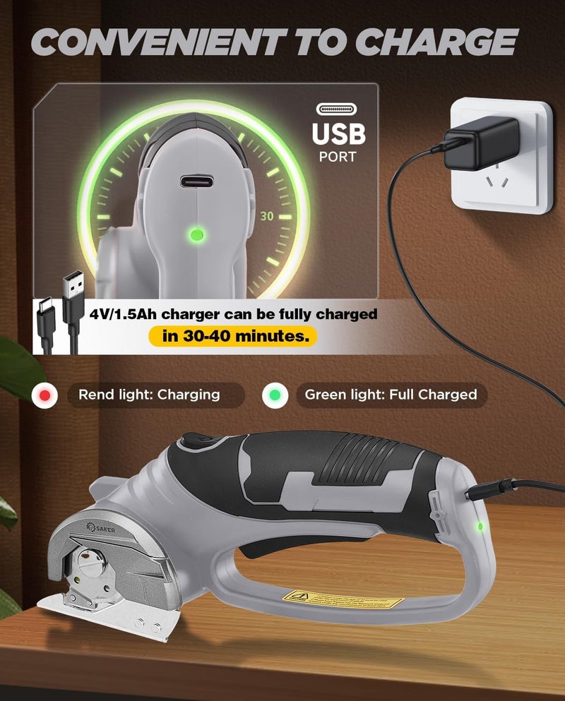 Saker Box Cutter Electric Cordless: Card board Cutter Scissors for Fabric Leather Paper Plastic - Cardboard Cutting Tool with 4V Recharged Battery - Safety Lock and LED Light for Cutting,Grey - Image 5